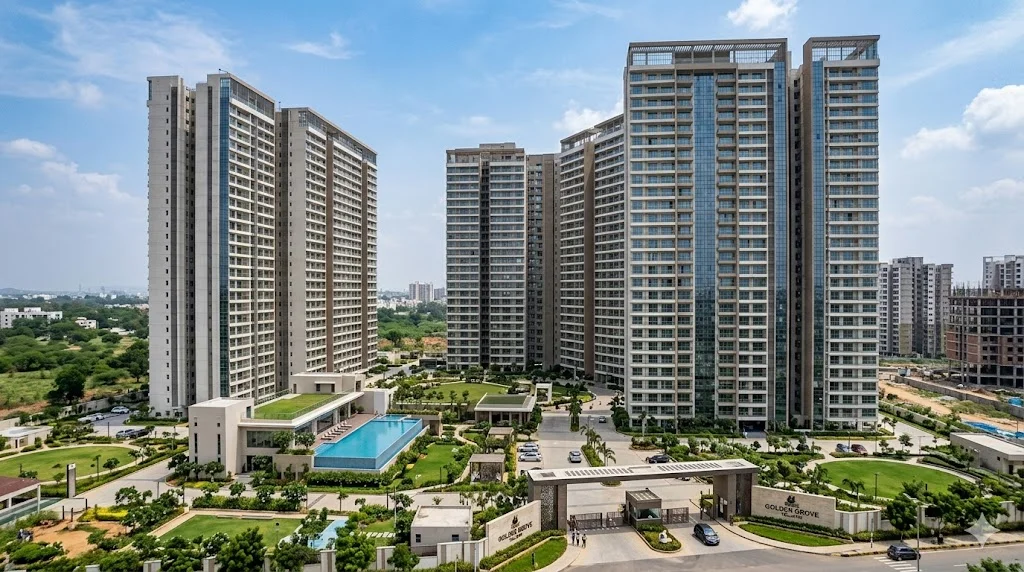 Exterior view of premium luxury apartments by Prestige Group located in the rapidly growing residential hub of Tellapur, Hyderabad.